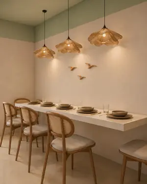 Mesa com luminárias em projeto de Camila Assunção